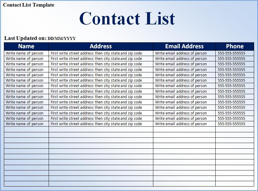 Business Contact List Template from www.sampleformats.org