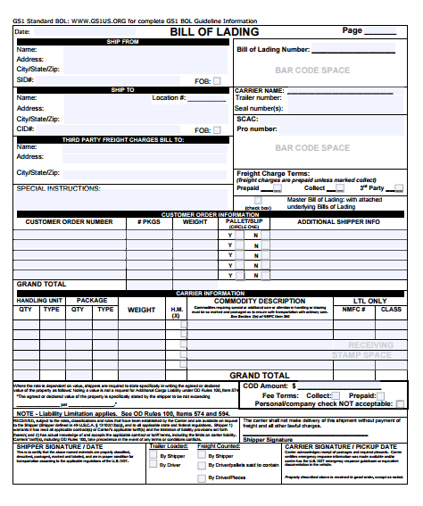 Bill of Lading Sample