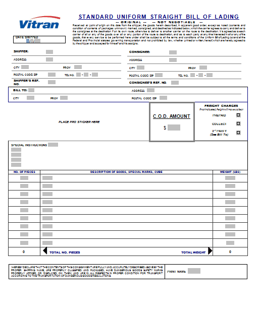 Printable Bill of Lading Template