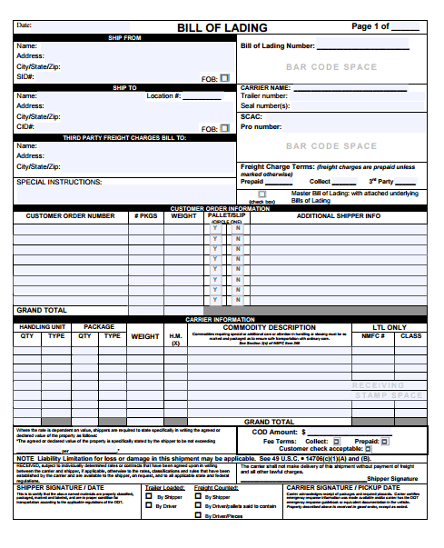 Sample Bill of Lading Format