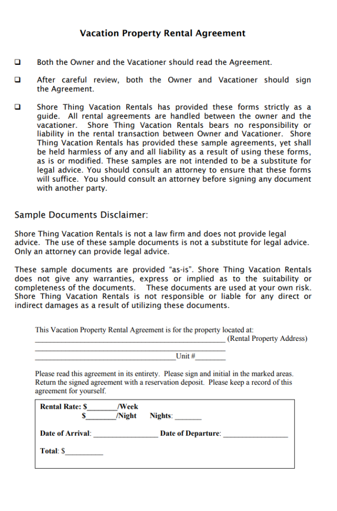 Vacation Property Rental Agreement Format