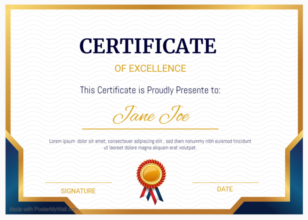 Certificate of Excellence Sample