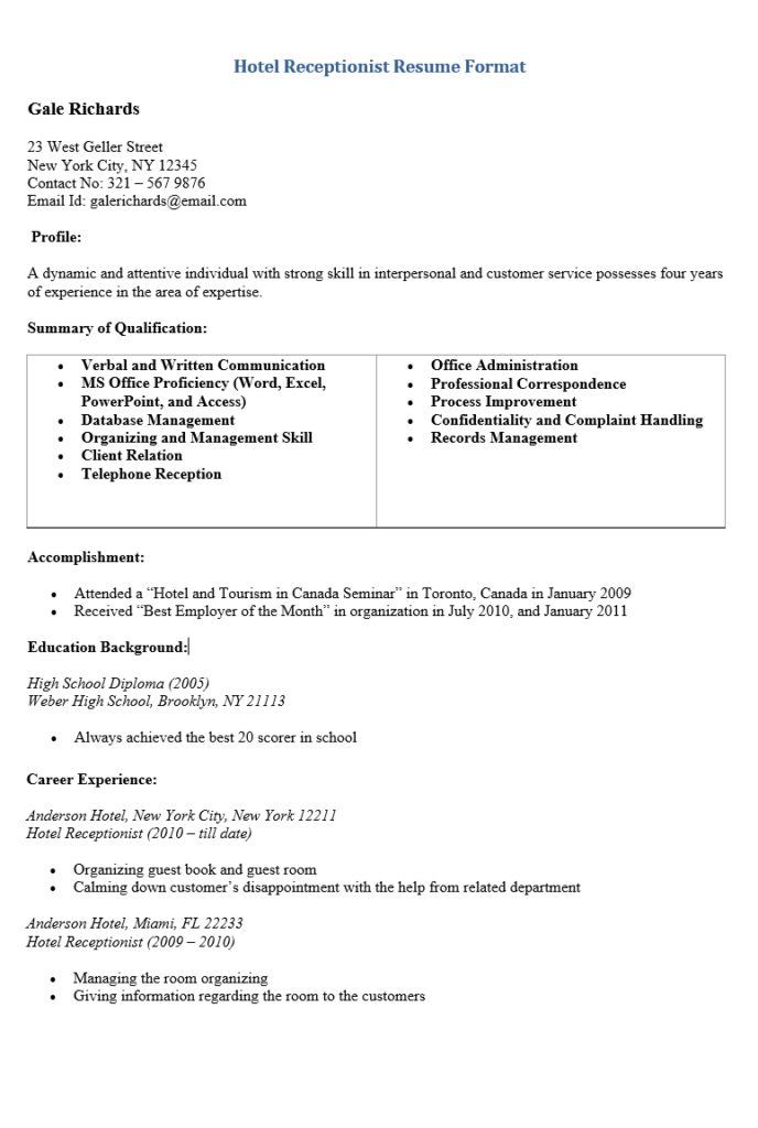 Hotel Receptionist Resume Format Word