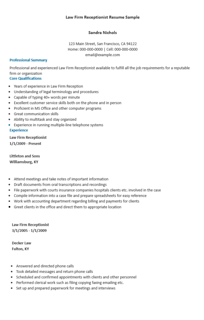 Law Firm Receptionist Resume Format