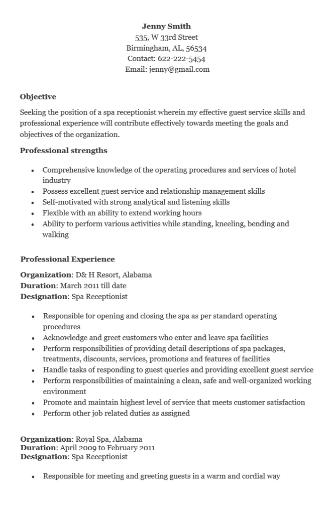 Professional Receptionist Resume Format
