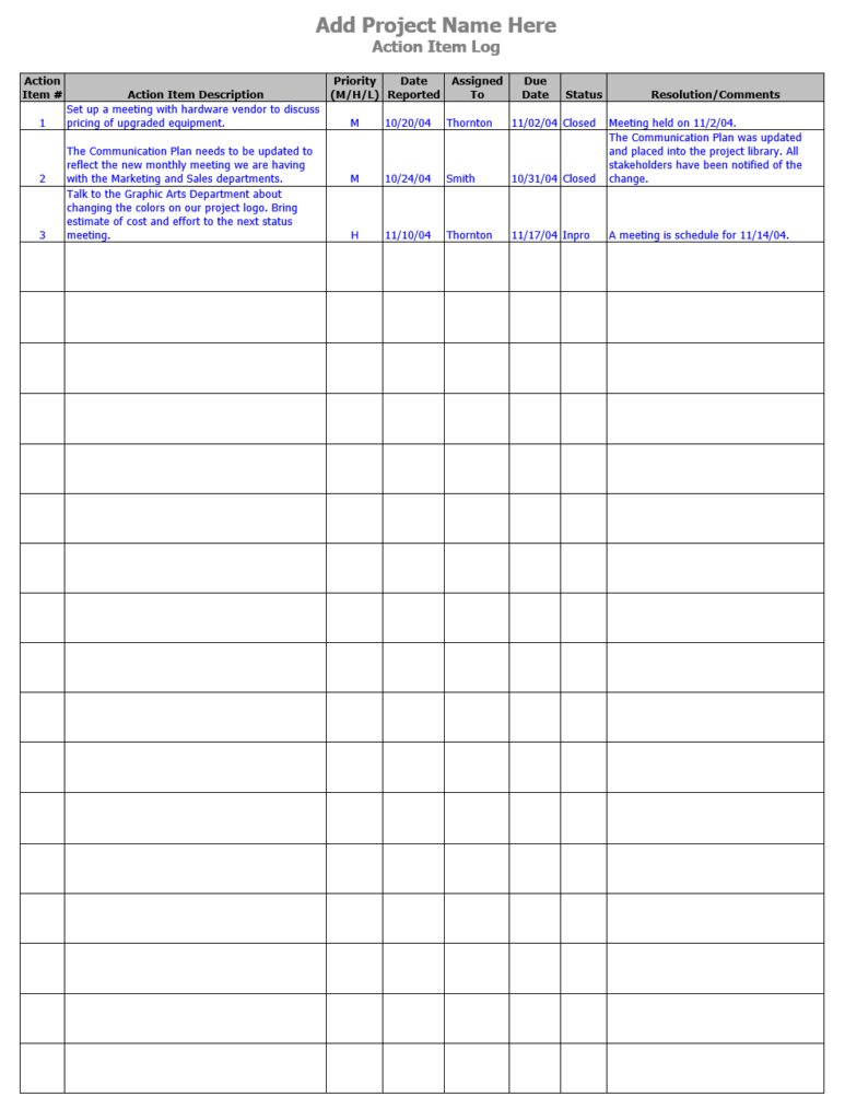 Project Management Action Log Template