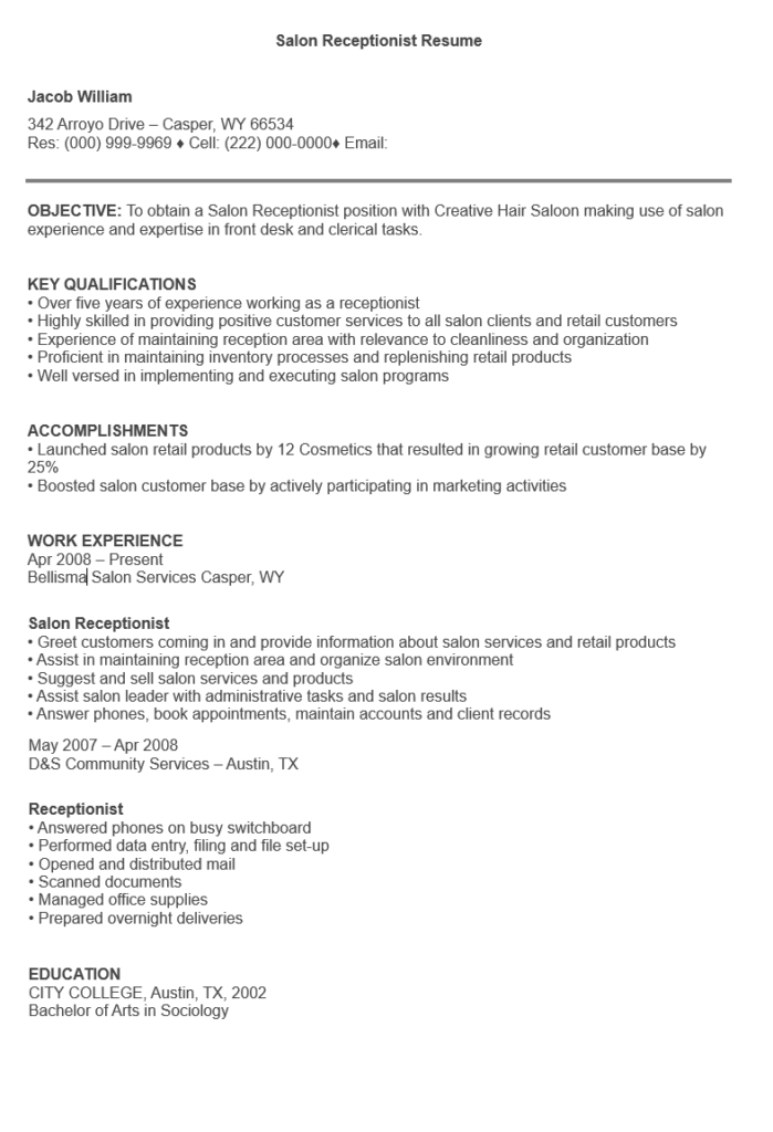 Salon Receptionist Resume Format
