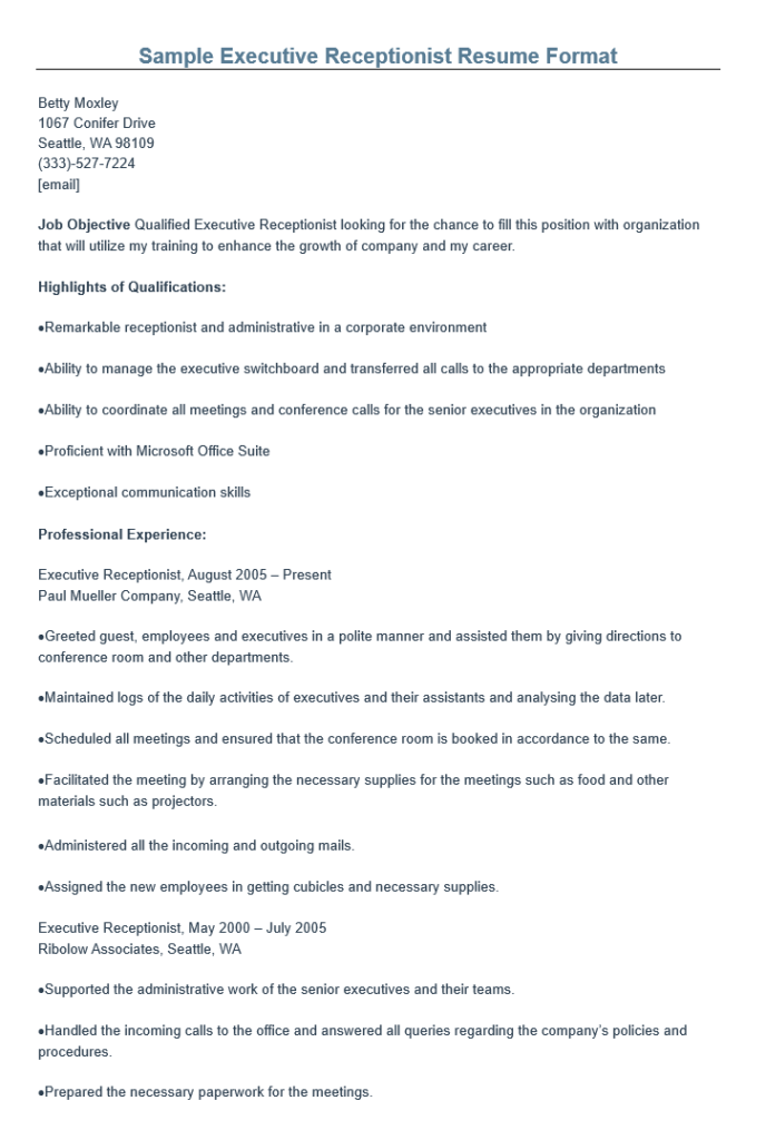 Sample Executive Receptionist Resume Format