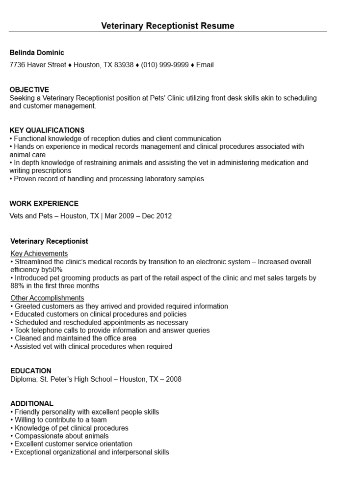 Veterinary Receptionist Resume Format