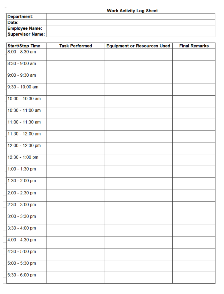Work Activity Log Format Excel