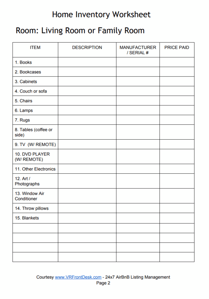 Blank Home Inventory List Template