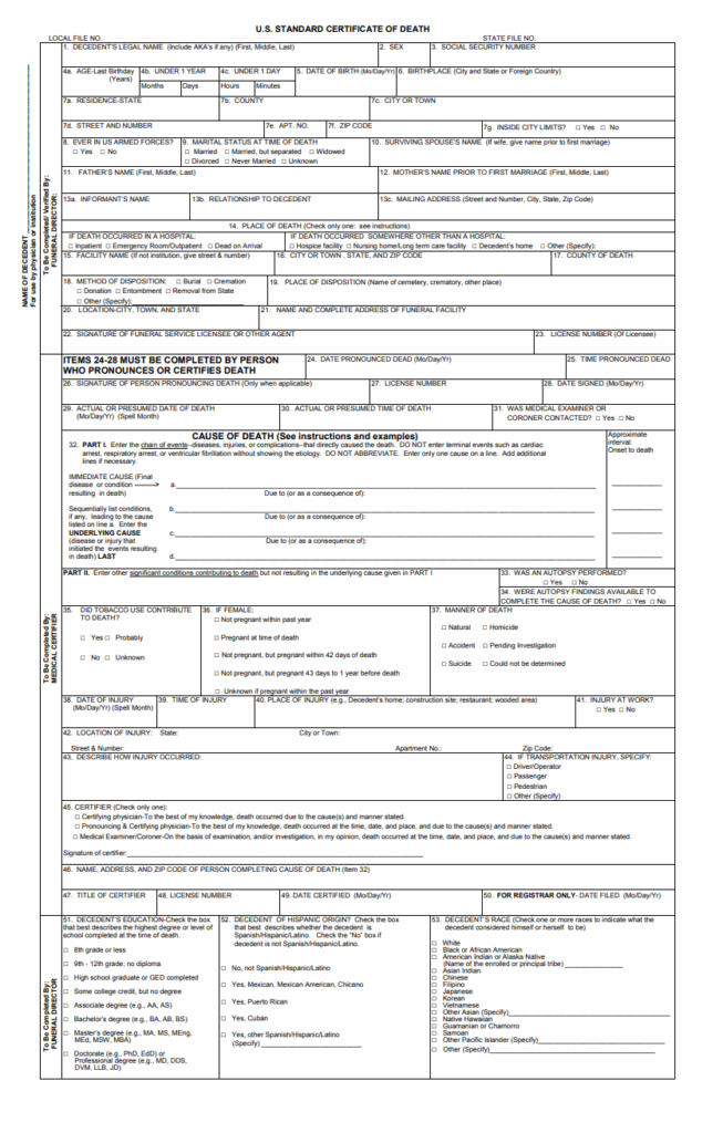 Standard Death Certificate Format