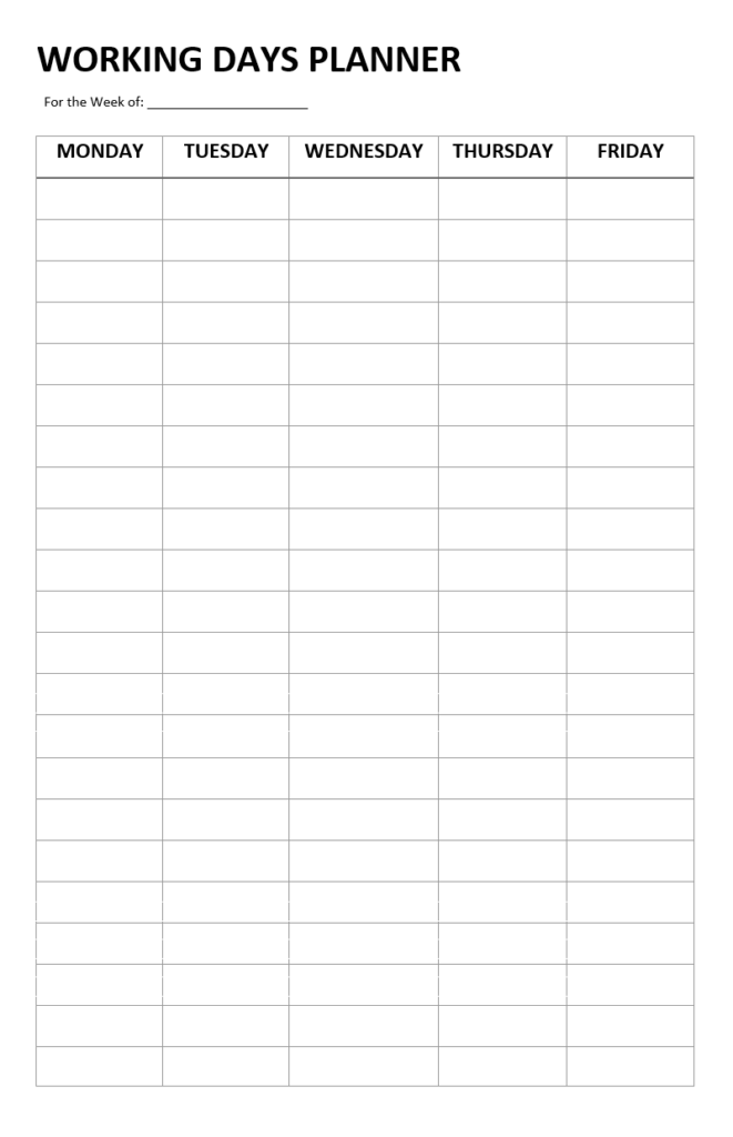 Working Days Planner Template