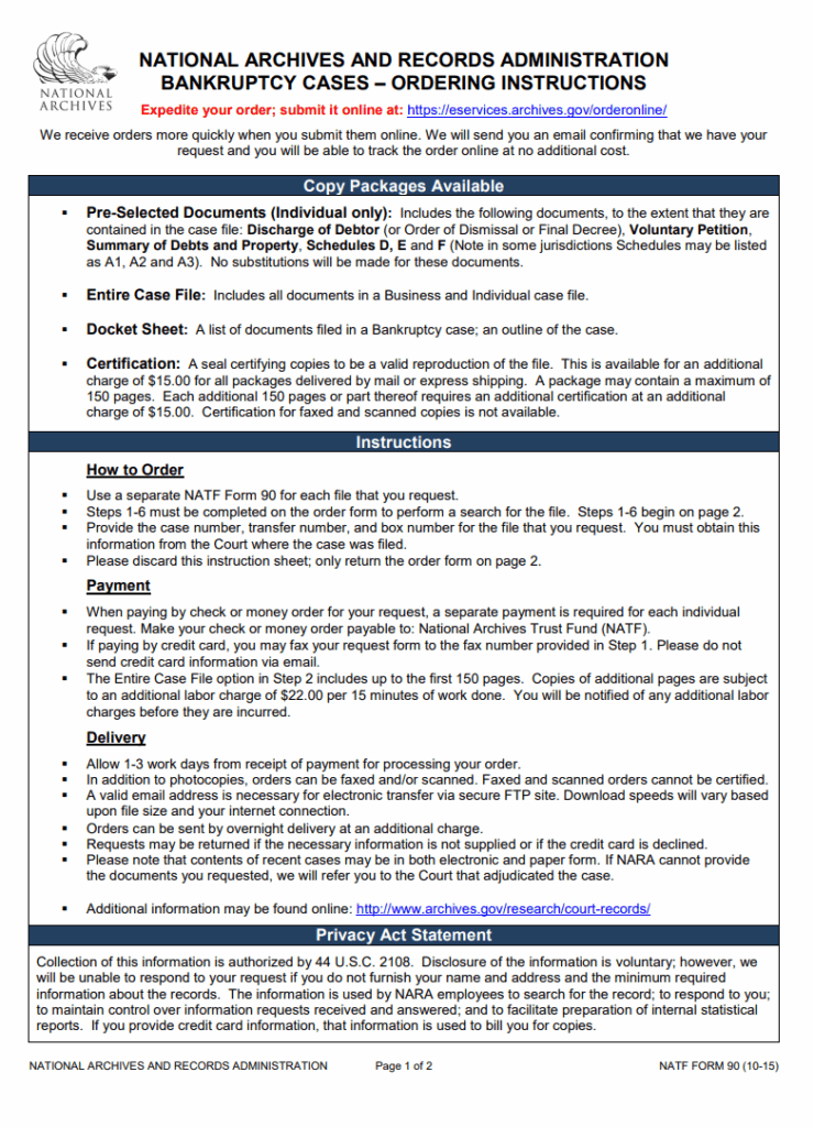 Free Court Bankruptcy Order Form